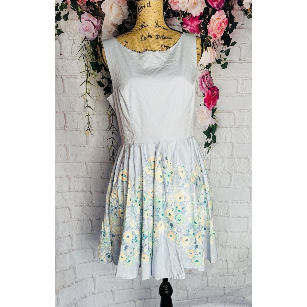 LC Lauren Conrad Blue Floral Fit Flare Dress Cottagecore Fairy Sz 14 - Picture 7 of 10